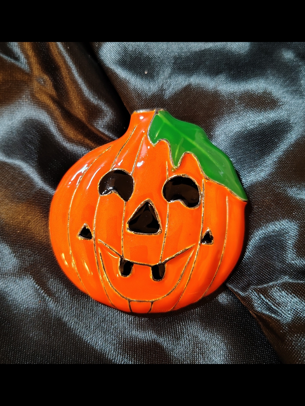 Designer MJ Orange Enamel & Gold Brooch/Pin Pumpkin Jack O Lantern